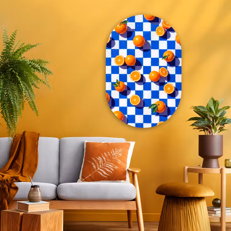 Oval - Glass - Orange - Checkered - Food - Sinaasappel - Geruit - Eten Wandcirkel Ovaal Glas middel