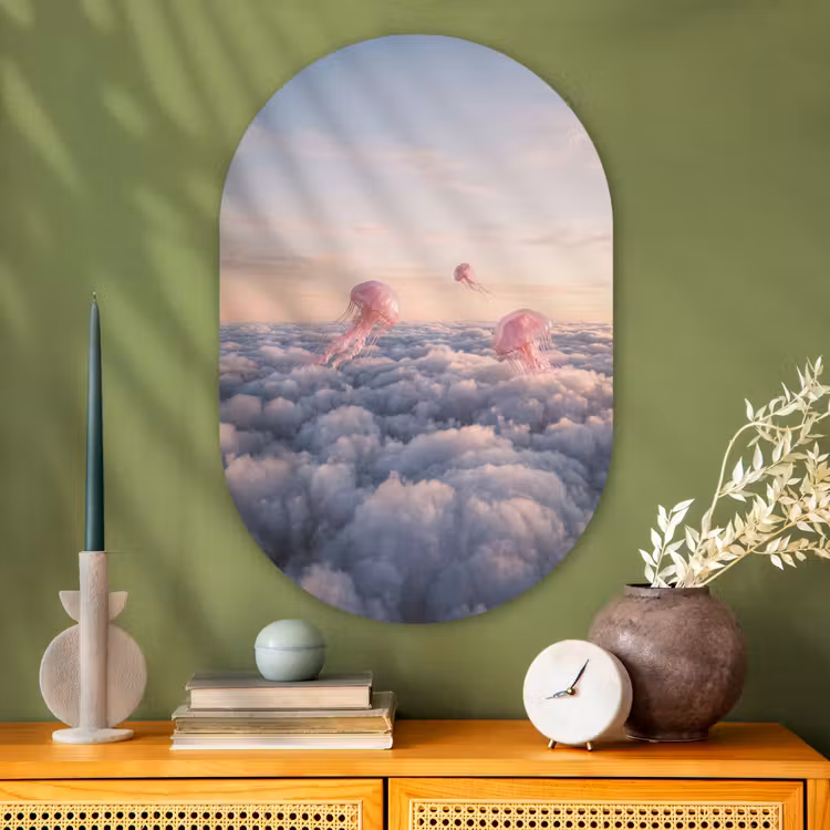 Oval - Glass - Pink Animal - Clouds - Roze dier - Wolken Wandcirkel Ovaal Glas middel