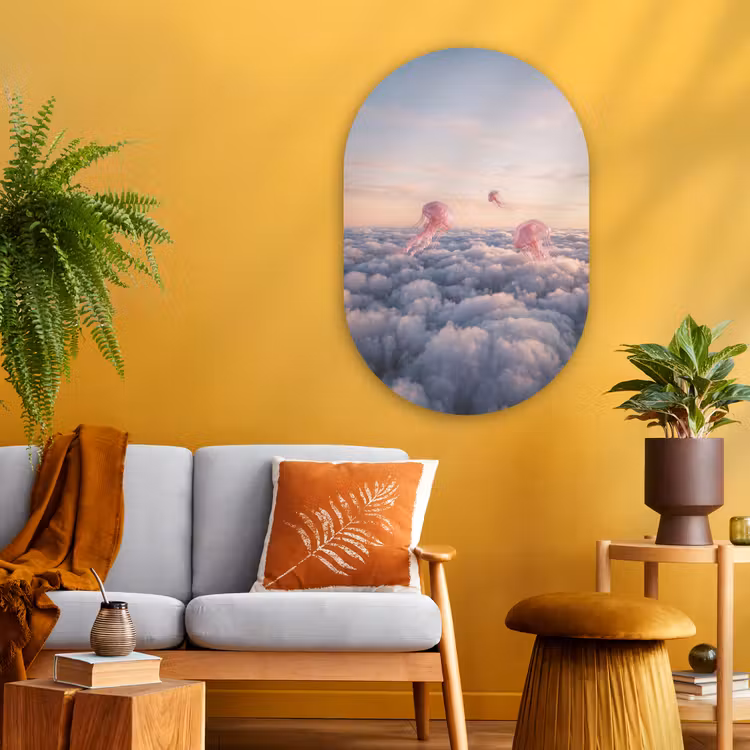 Oval - Glass - Pink Animal - Clouds - Roze dier - Wolken Wandcirkel Ovaal Glas middel