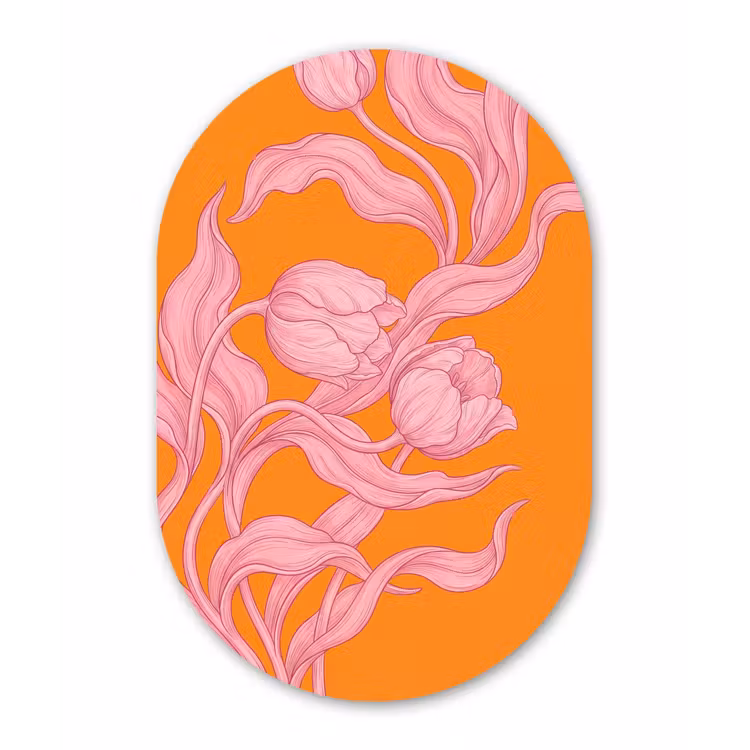 Oval - Glass - Pink Flowers - Modern - Roze bloemen - Modern Wandcirkel Ovaal Glas middel
