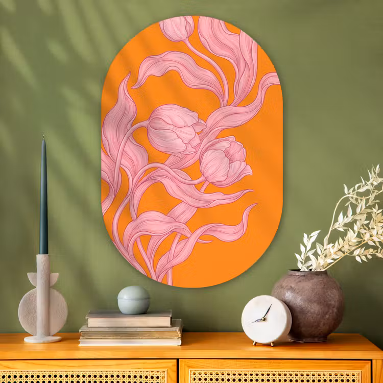 Oval - Glass - Pink Flowers - Modern - Roze bloemen - Modern Wandcirkel Ovaal Glas middel