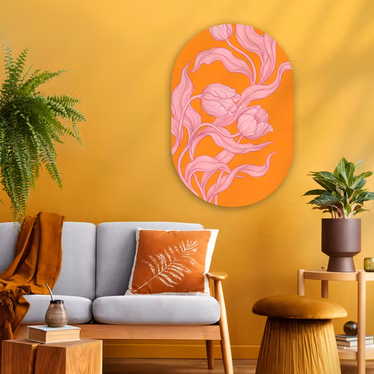 Oval - Glass - Pink Flowers - Modern - Roze bloemen - Modern Wandcirkel Ovaal Glas middel