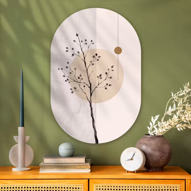 Oval - Glass - Plant - Abstract - Beige - Plant - Abstract - Beige Wandcirkel Ovaal Glas middel
