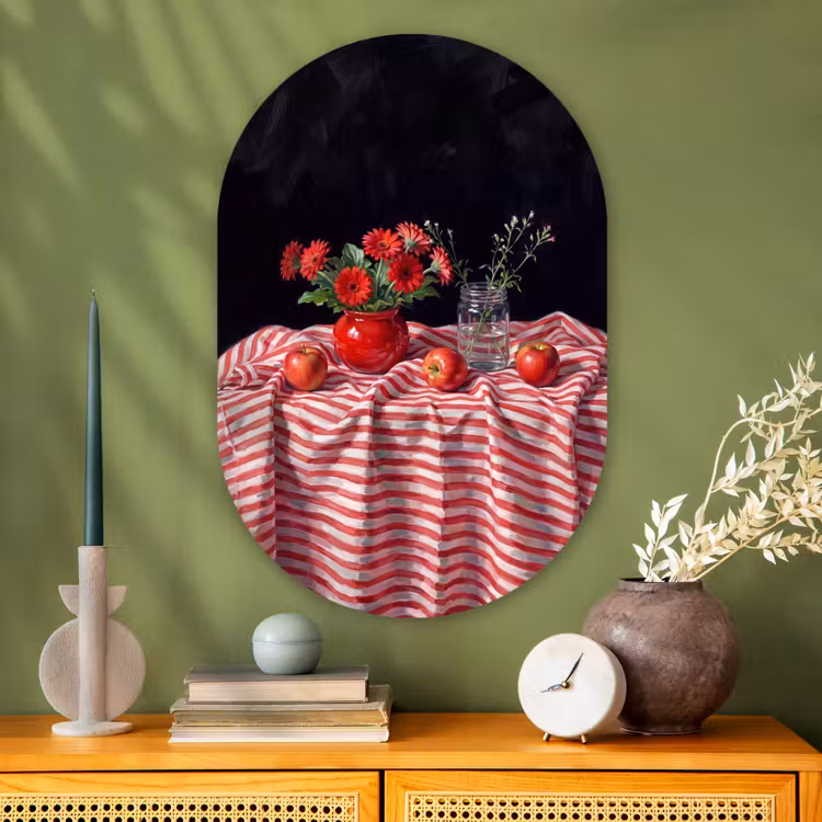 Oval - Glass - Red Flowers - Vase - Rode bloemen - Vaas Wandcirkel Ovaal Glas middel
