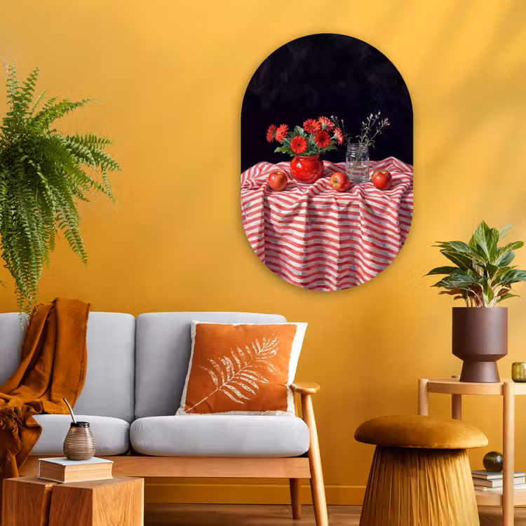 Oval - Glass - Red Flowers - Vase - Rode bloemen - Vaas Wandcirkel Ovaal Glas middel