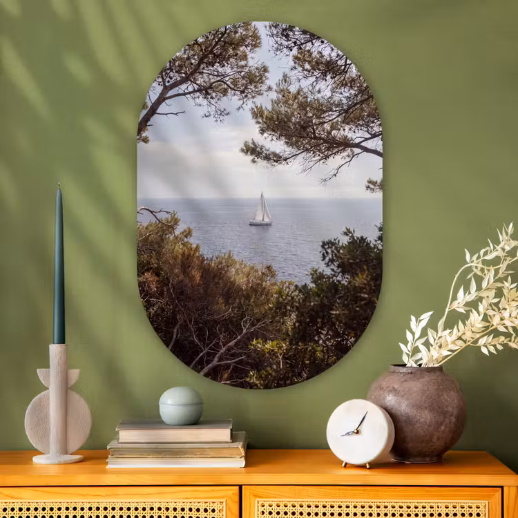 Oval - Glass - Sailboat - trees - water - Zeilboot - bomen - water Wandcirkel Ovaal Glas middel