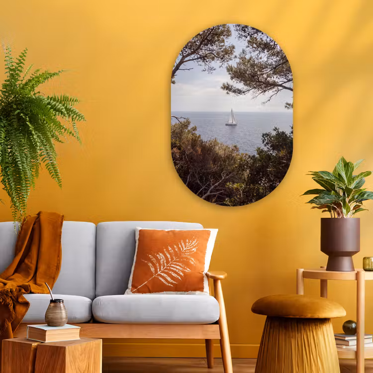 Oval - Glass - Sailboat - trees - water - Zeilboot - bomen - water Wandcirkel Ovaal Glas middel
