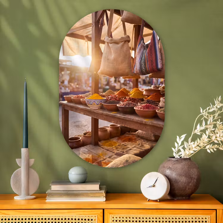 Oval - Glass - Spices - Market - Colorful - Specerijen - Markt - Kleurrijk Wandcirkel Ovaal Glas middel