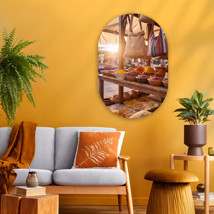 Oval - Glass - Spices - Market - Colorful - Specerijen - Markt - Kleurrijk Wandcirkel Ovaal Glas middel
