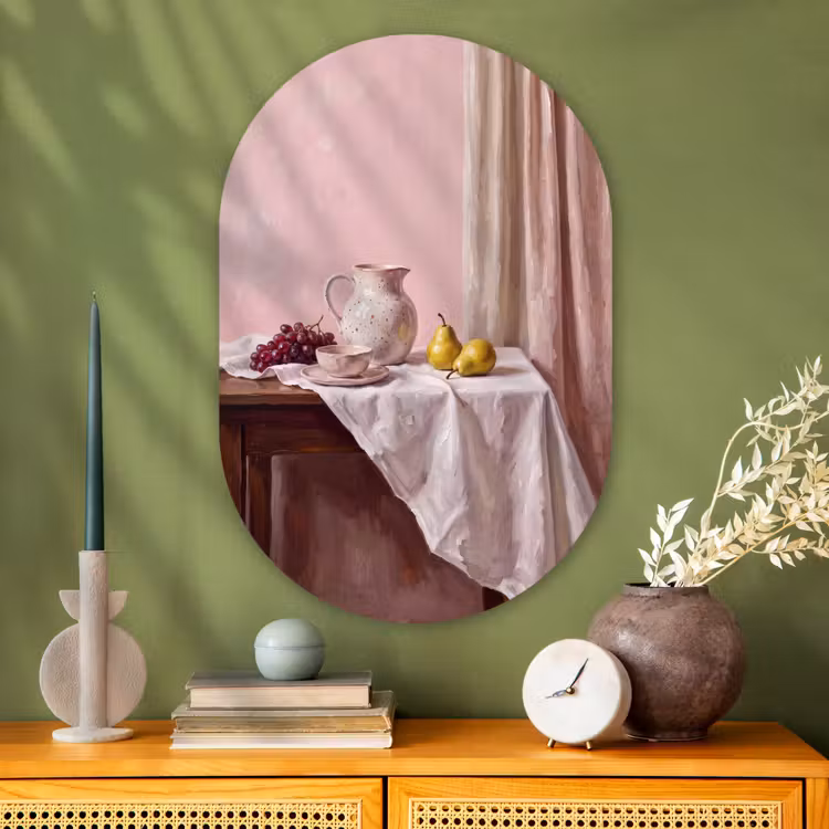 Oval - Glass - Still Life - Fruit - Pink - Stilleven - Fruit - Roze Wandcirkel Ovaal Glas middel