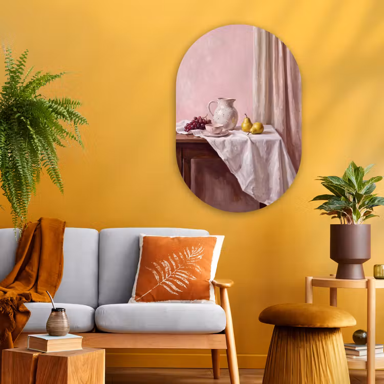 Oval - Glass - Still Life - Fruit - Pink - Stilleven - Fruit - Roze Wandcirkel Ovaal Glas middel