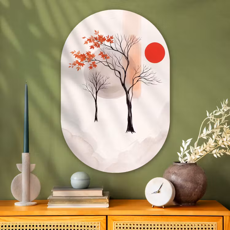 Oval - Glass - Tree - Red - Abstract - Boom - Rood - Abstract Wandcirkel Ovaal Glas middel