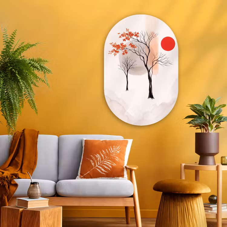 Oval - Glass - Tree - Red - Abstract - Boom - Rood - Abstract Wandcirkel Ovaal Glas middel