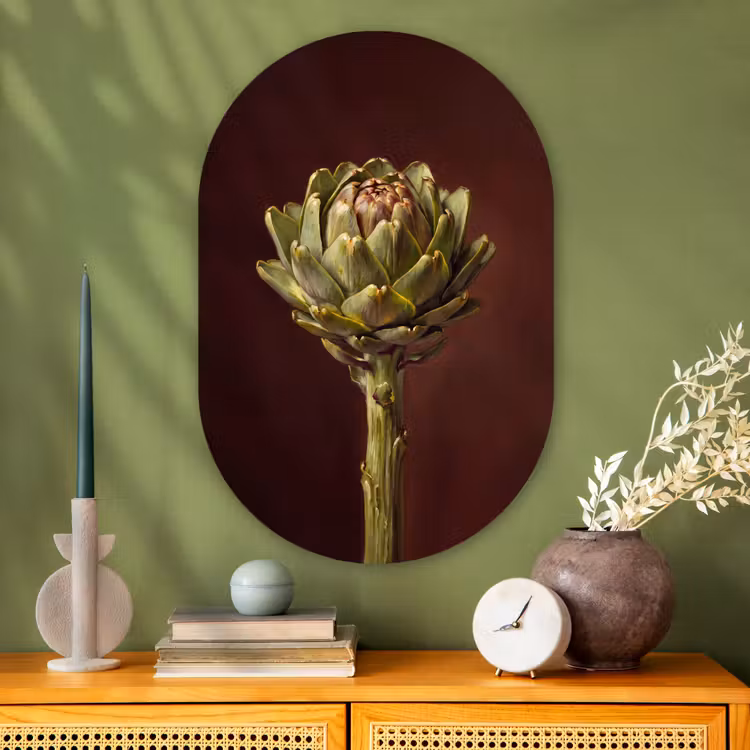 Oval - Glass - Vegetable - Artichoke - Green - Groente - Artisjok - Groen Wandcirkel Ovaal Glas middel