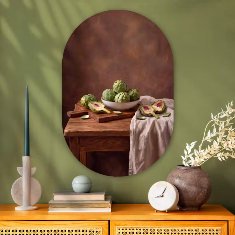 Oval - Glass - Vegetables - Artichoke - Kitchen - Groenten - Artisjok - Keuken Wandcirkel Ovaal Glas middel