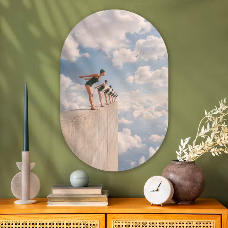 Oval - Glass - Women - Diving Pose - Clouds - Vrouwen - Duikhouding - Wolken Wandcirkel Ovaal Glas middel