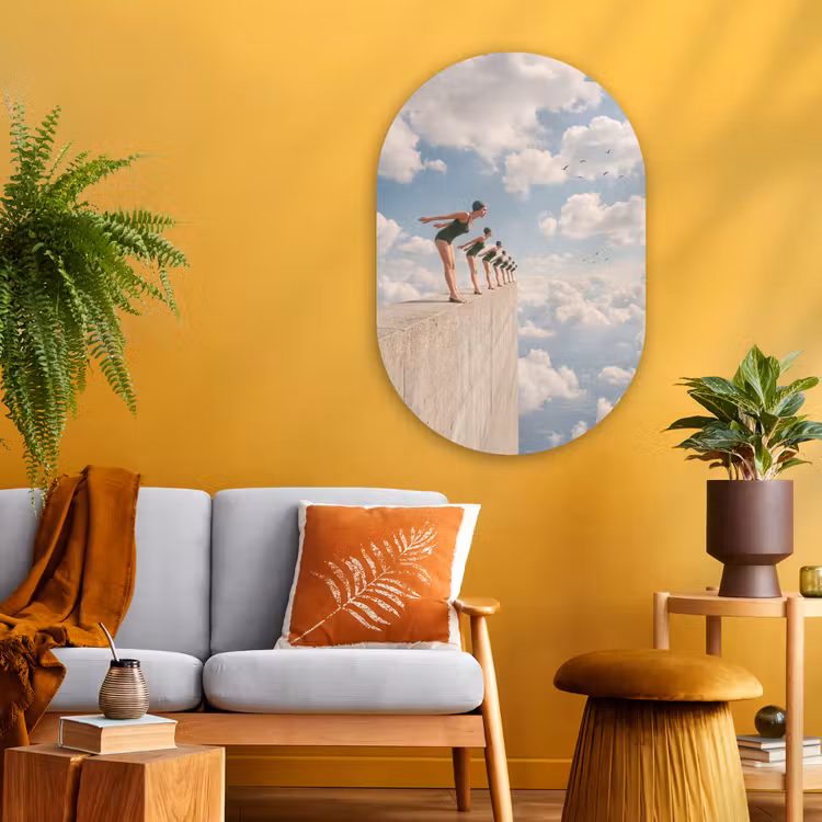 Oval - Glass - Women - Diving Pose - Clouds - Vrouwen - Duikhouding - Wolken Wandcirkel Ovaal Glas middel