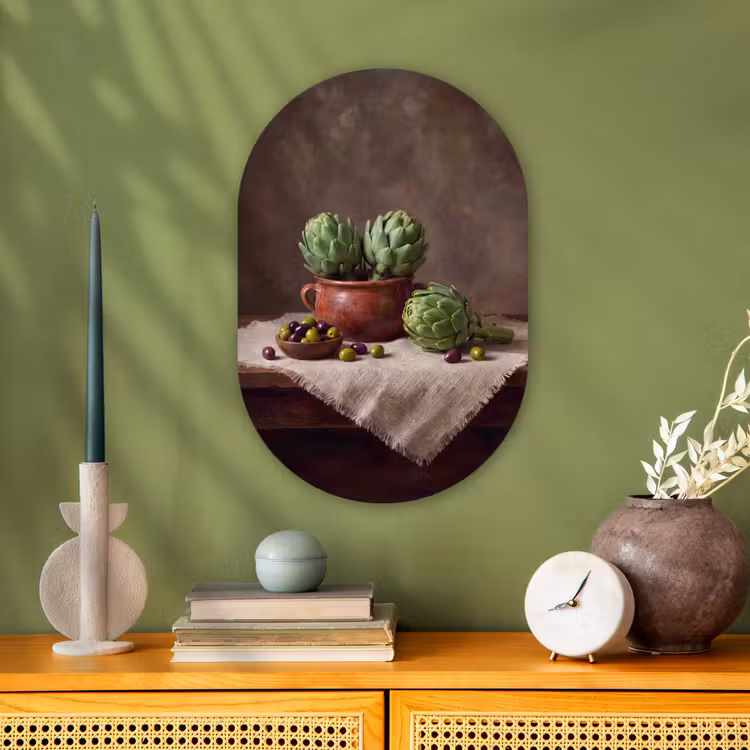 Oval - Plastic - Artichokes - Olives - Food - Artisjokken - Olijven - Eten Wandcirkel Ovaal Forex klein