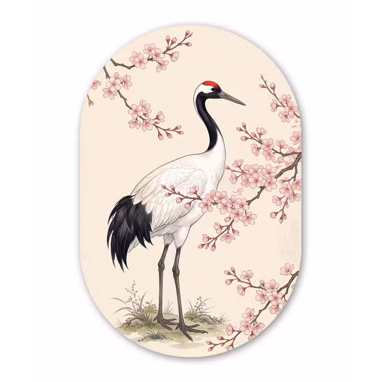 Aziatisch - Kraanvogel - Beige Wandcirkel Ovaal Forex klein -3d