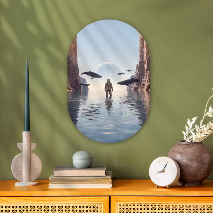 Oval - Plastic - Astronaut - Whale - Fantasy - Ruimtevaarder - Walvis - Fantasie Wandcirkel Ovaal Forex klein