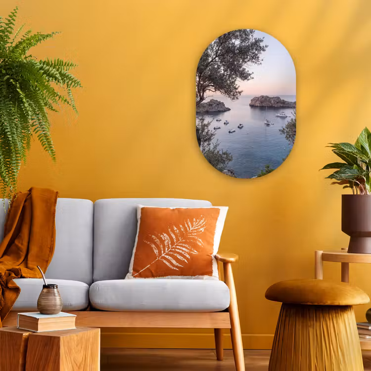 Oval - Plastic - Bay - boats - sunset - Baai - boten - zonsondergang Wandcirkel Ovaal Forex klein
