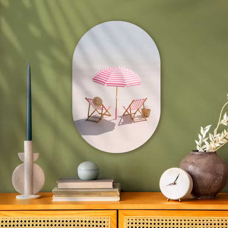 Strand - Parasol - Ligstoel - Zomer - Roze Wandcirkel Ovaal Forex klein -sfeer2