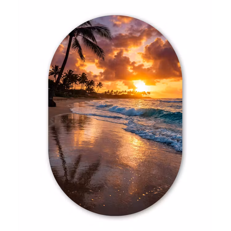 Strand - Zonsopgang - Tropisch - Natuur - Oranje Wandcirkel Ovaal Forex klein -3d