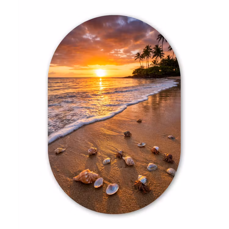 Strand - Zonsondergang - Palmbomen - Natuur - Oranje Wandcirkel Ovaal Forex klein -3d