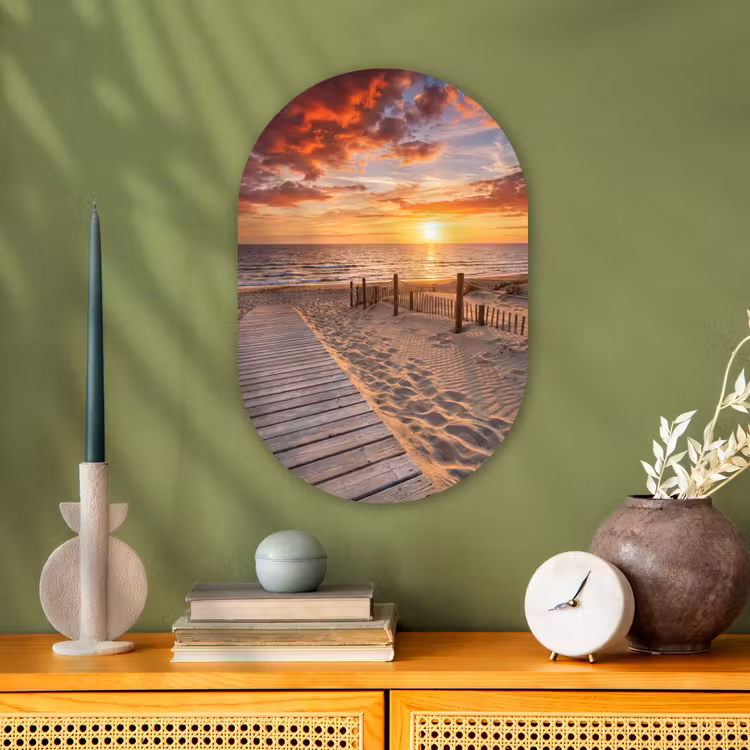 Strand - Zonsondergang - Zee - Natuur - Oranje Wandcirkel Ovaal Forex klein -sfeer2