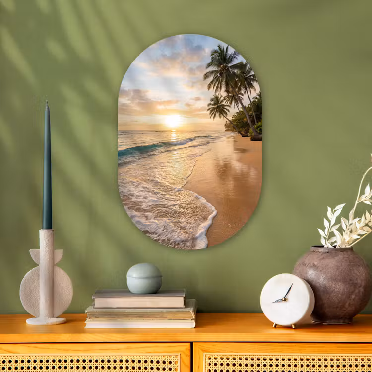 Strand - Zonsondergang - Tropisch - Natuur - Goud Wandcirkel Ovaal Forex klein -sfeer2