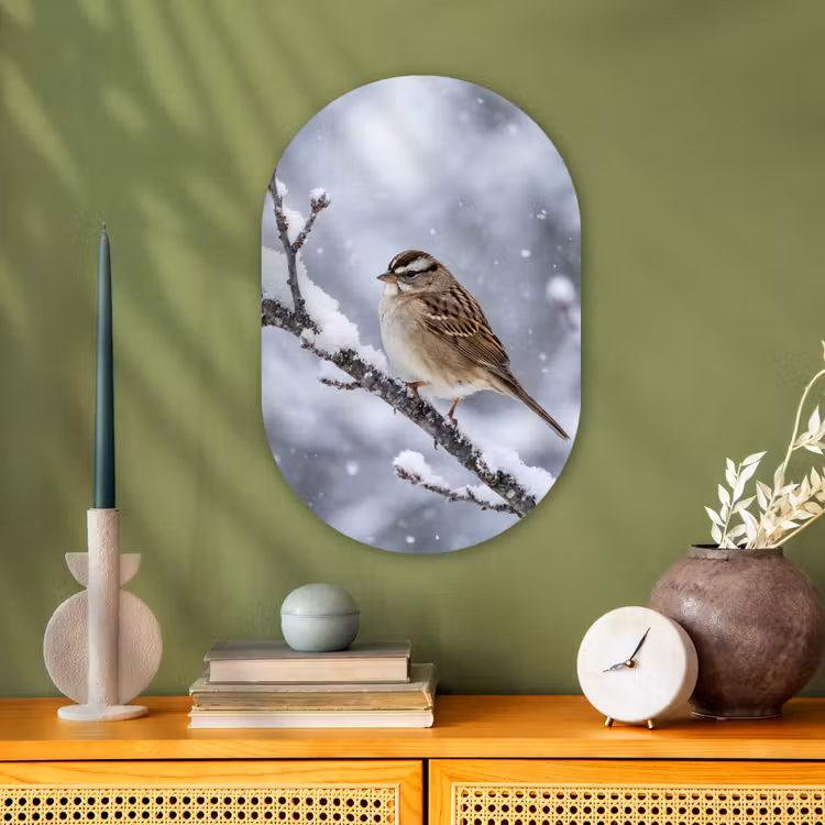 Vogel - Tak - Sneeuw - Winter Wandcirkel Ovaal Forex klein -sfeer2