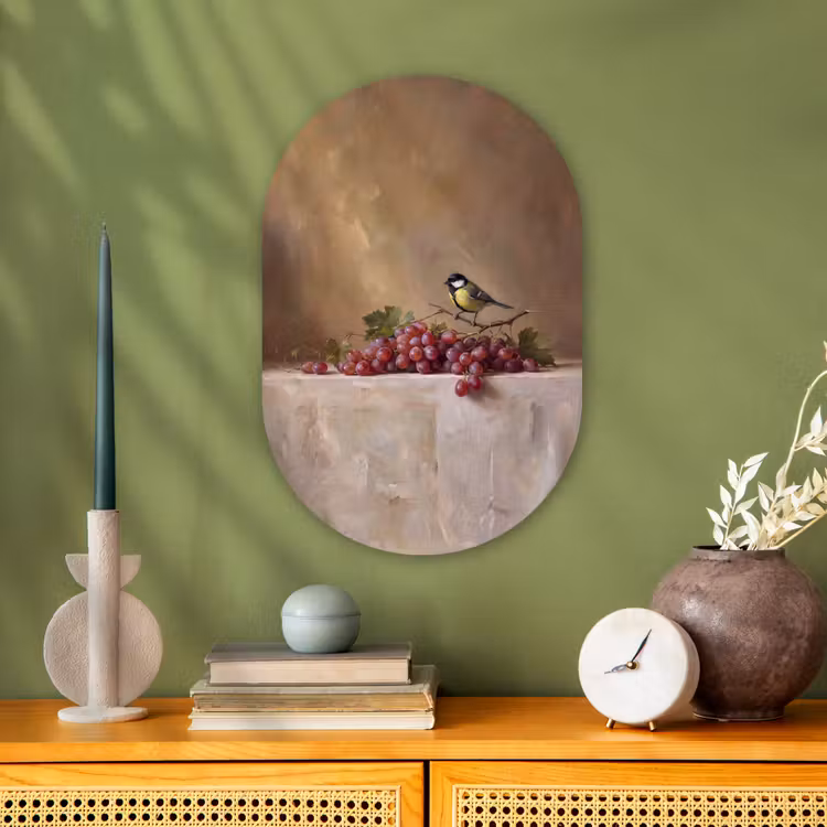 Oval - Plastic - Bird - Grapes - Still Life - Vogel - Druiven - Stilleven Wandcirkel Ovaal Forex klein