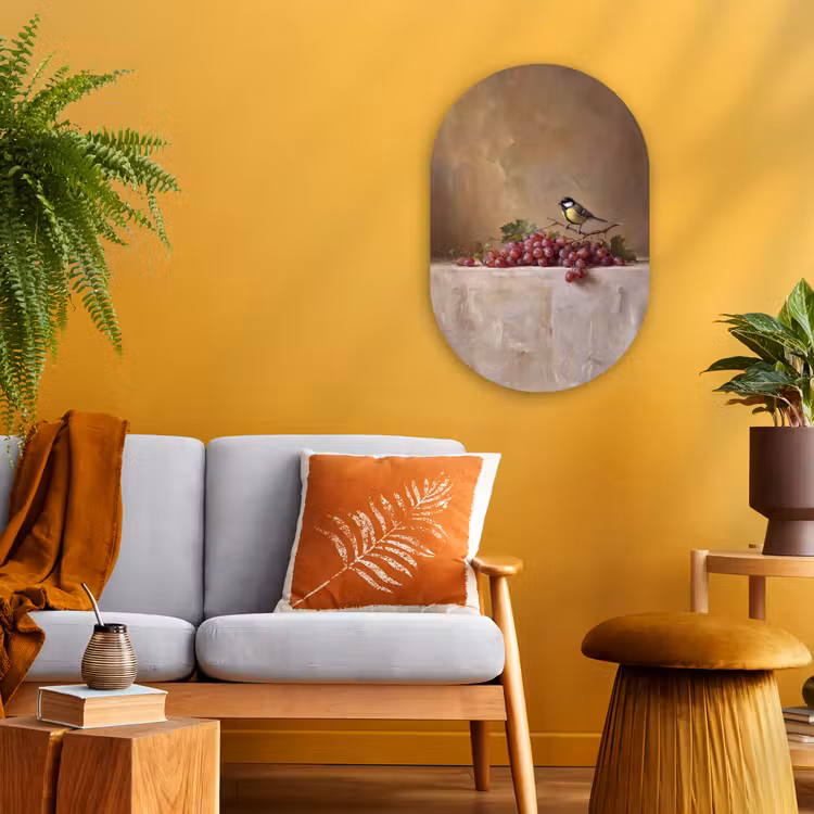 Oval - Plastic - Bird - Grapes - Still Life - Vogel - Druiven - Stilleven Wandcirkel Ovaal Forex klein