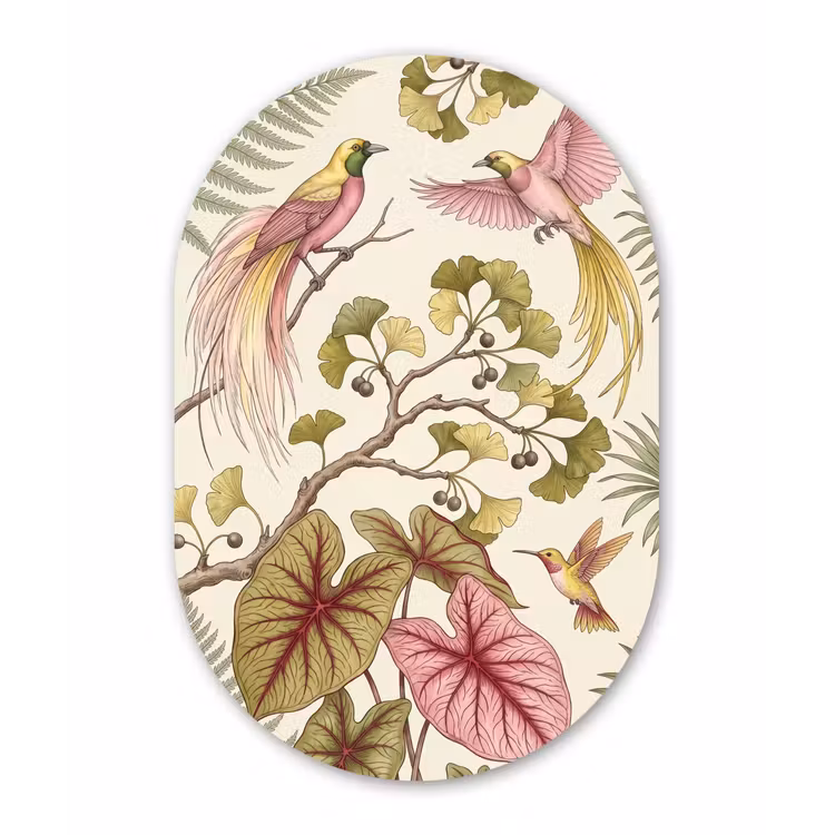 Vogels - Tropisch - Botanisch - Roze Wandcirkel Ovaal Forex klein -3d