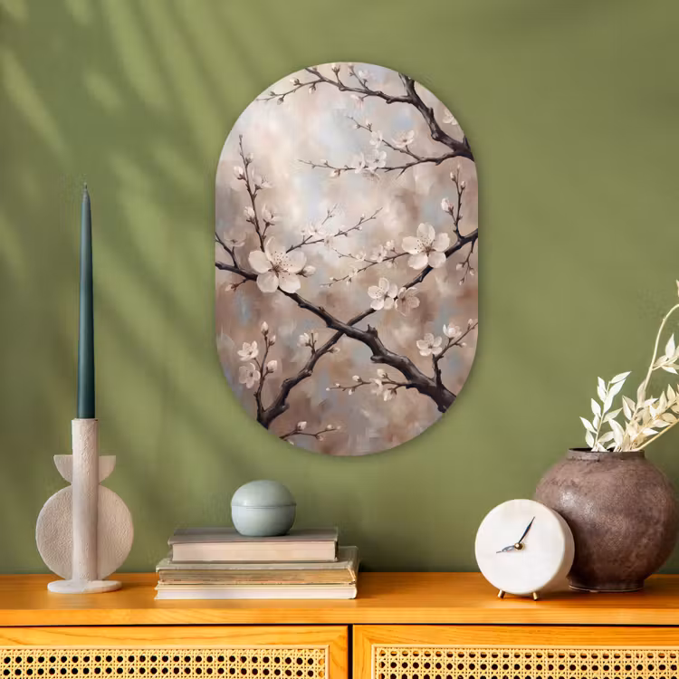 Bloesem - Takken - Schilderij - Beige - Serene Wandcirkel Ovaal Forex klein -sfeer2