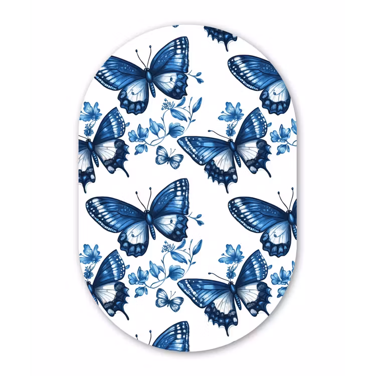 Blauw - Vlinders - Bloemen - Wit Wandcirkel Ovaal Forex klein 630 -3d
