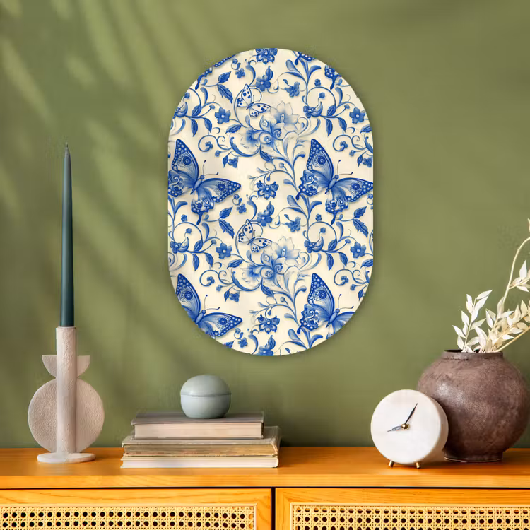Vlinders - Bloemen - Blauw - Botanisch Wandcirkel Ovaal Forex klein 630 -sfeer2