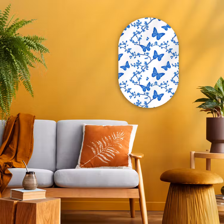Vlinder - Bloemen - Blauw Wandcirkel Ovaal Forex klein 630 -sfeer4