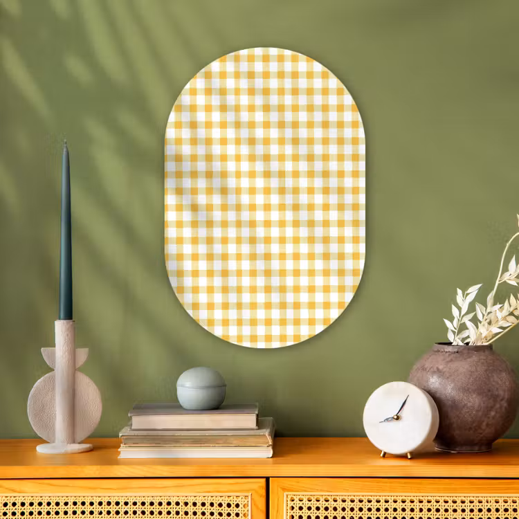 Ruit - Gingham - Klassiek - Geel en Wit Wandcirkel Ovaal Forex klein 630 -sfeer2