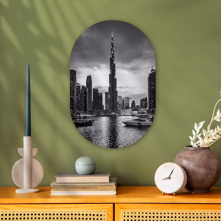 Stad - Skyline - Architectuur - Avond - Zwart-wit Wandcirkel Ovaal Forex klein -sfeer2
