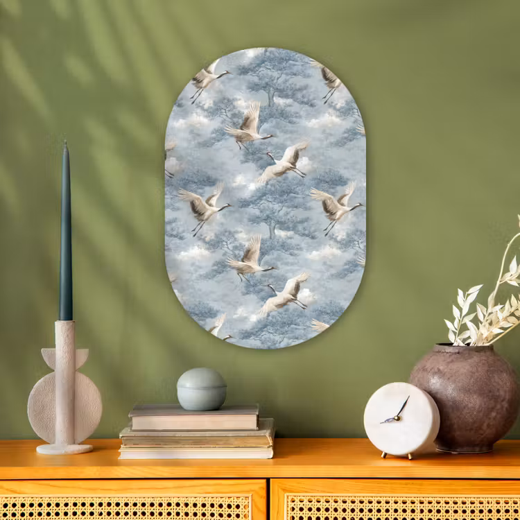 Wolken - Kraanvogels - Blauw Wandcirkel Ovaal Forex klein 630 -sfeer2