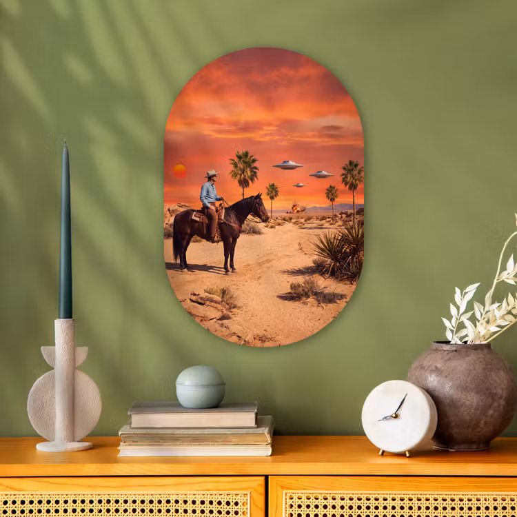 Oval - Plastic - Cowboy - Horse - Desert - Cowboy - Paard - Woestijn Wandcirkel Ovaal Forex klein