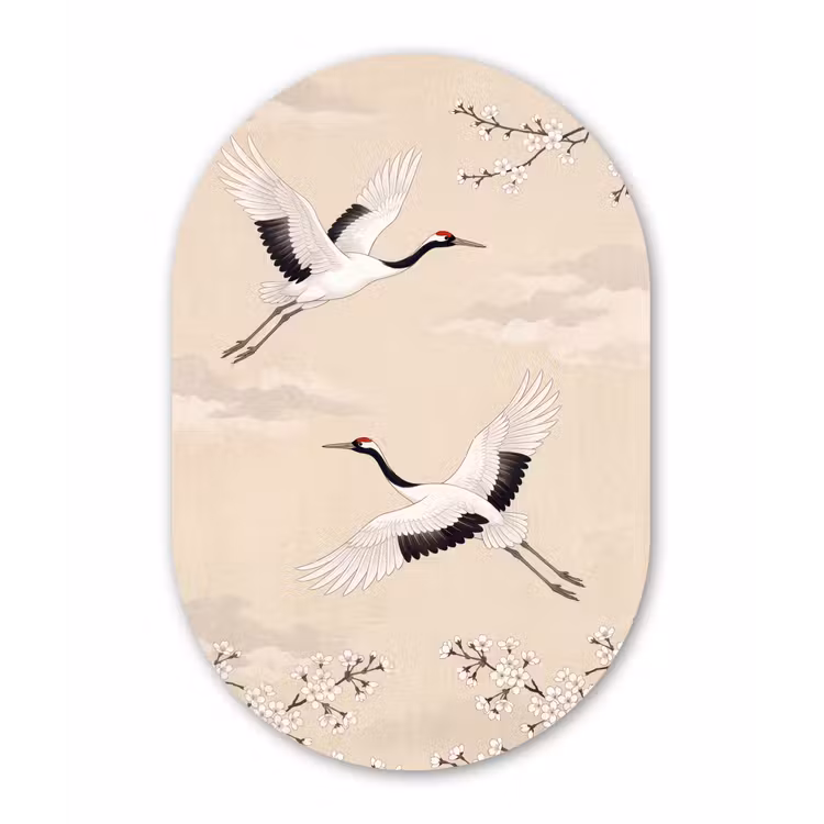 Kraanvogels - Bloesem - Beige Wandcirkel Ovaal Forex klein -3d