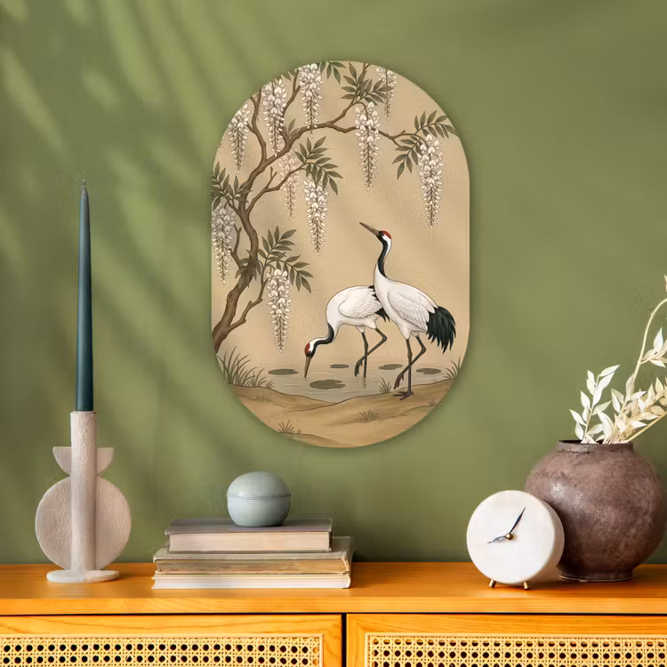 Kraanvogels - Water - Beige Wandcirkel Ovaal Forex klein -sfeer2
