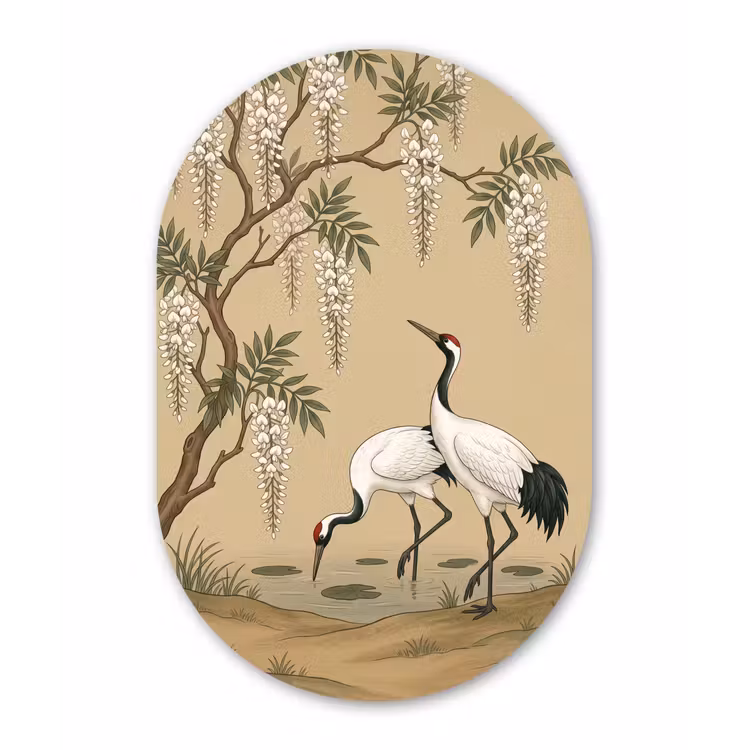 Kraanvogels - Water - Beige Wandcirkel Ovaal Forex klein -3d