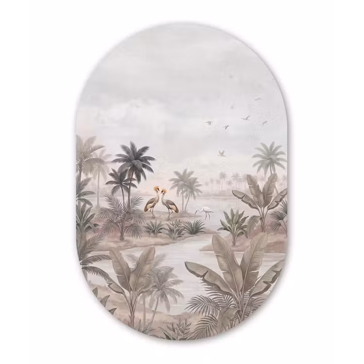 Kraanvogels - Palmbomen - Tropisch Wandcirkel Ovaal Forex klein -3d