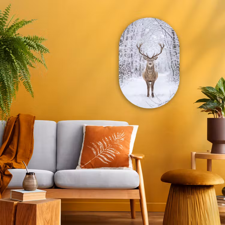 Hert - Winter - Bos - Natuur - Wit Wandcirkel Ovaal Forex klein -sfeer4