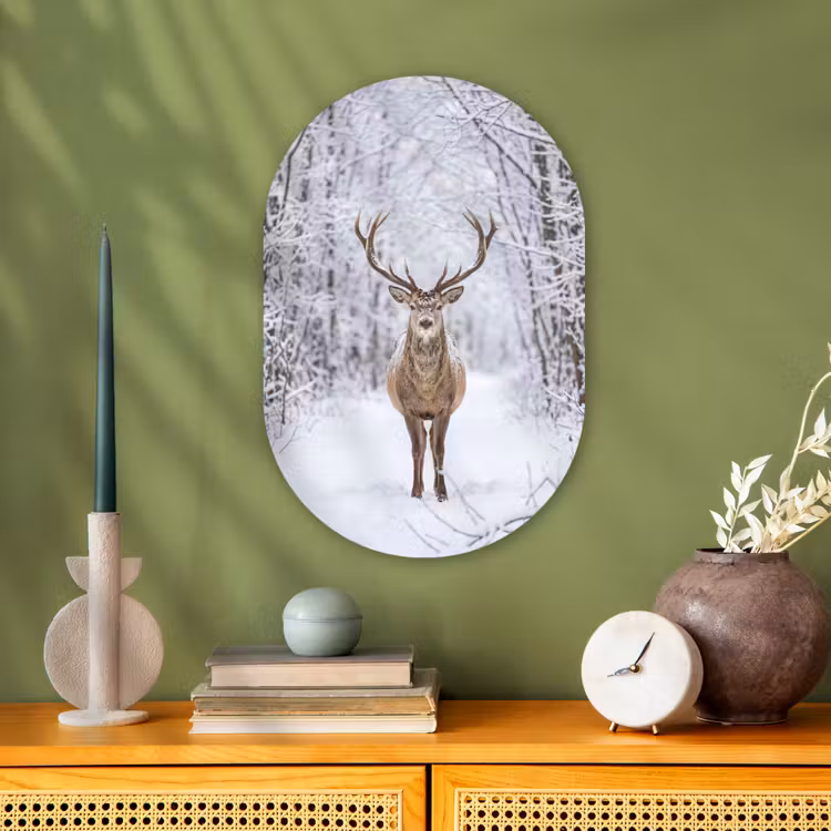 Hert - Winter - Bos - Natuur - Wit Wandcirkel Ovaal Forex klein -sfeer2