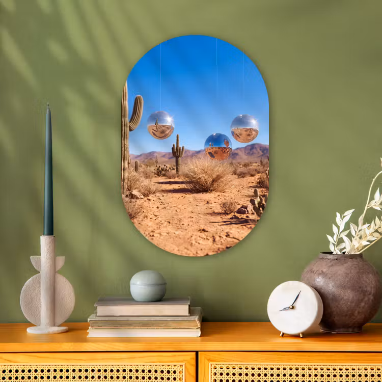 Oval - Plastic - Desert - Mirror Ball - Art - Woestijn - Spiegelbal - Kunst Wandcirkel Ovaal Forex klein