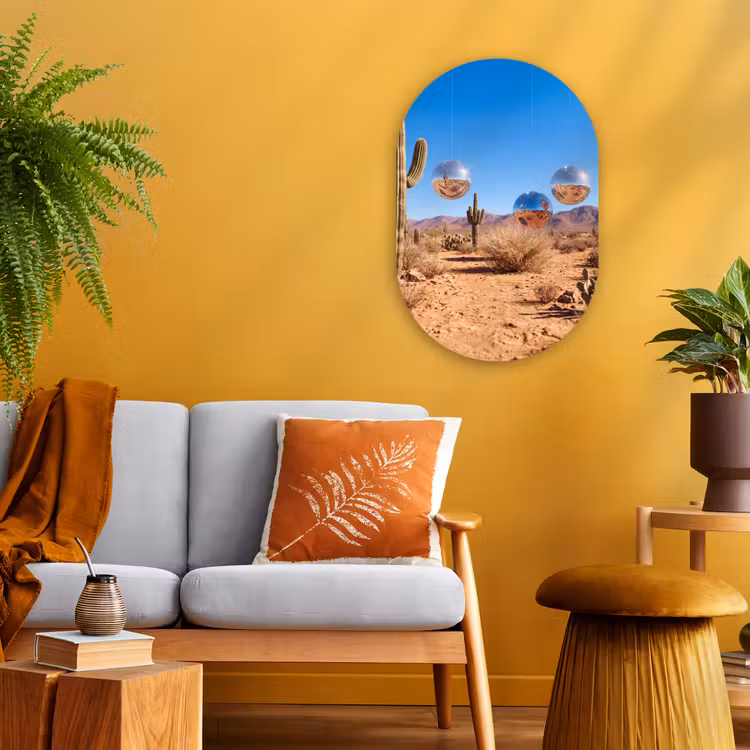 Oval - Plastic - Desert - Mirror Ball - Art - Woestijn - Spiegelbal - Kunst Wandcirkel Ovaal Forex klein